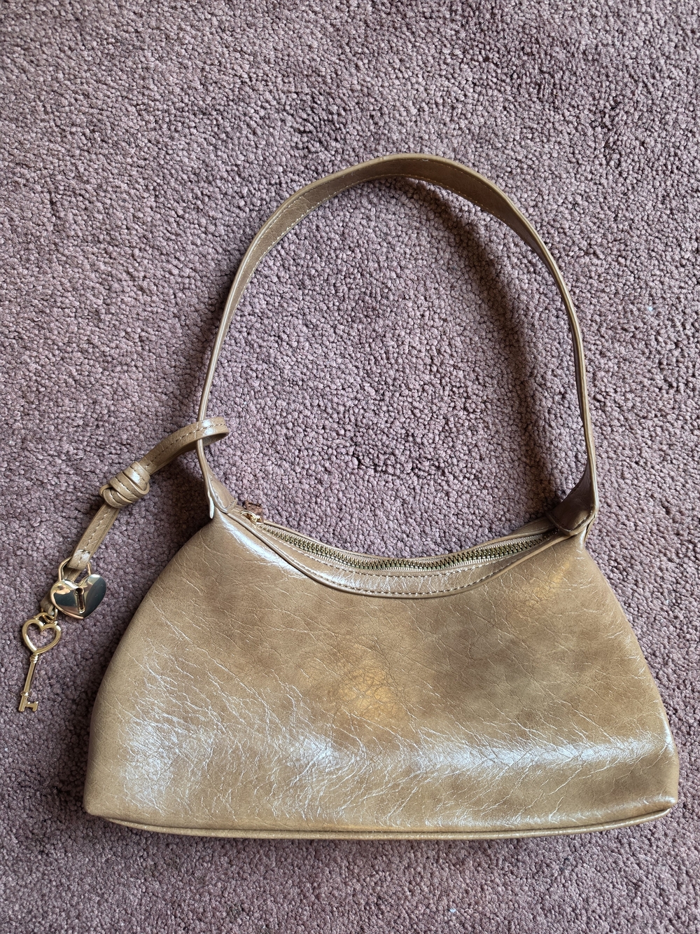 Faux Leather Tan Bag with Heart And Key Charm